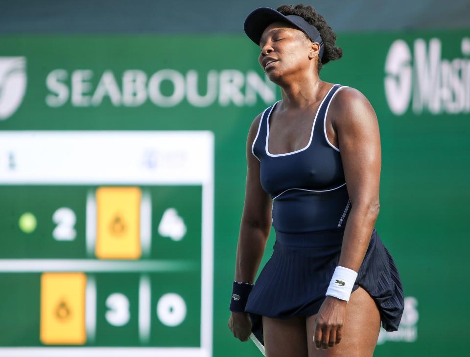 Venus Williams reacts to losing a point during her three-set loss to Nao Hibino at the BNP Paribas Open in Indian Wells, Calif., Mar. 7, 2024.