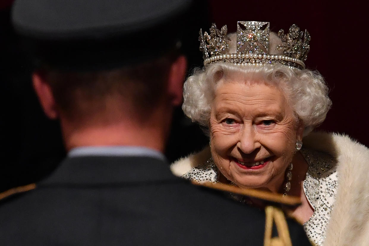 LONDON, UNITED KINGDOM - OCTOBER 14: Queen Elizabeth II reacts as she attends the State Opening of Parliament in the Houses of Parliament on October 14, 2019 in London, England. The Queen's speech is expected to announce plans to end the free movement of EU citizens to the UK after Brexit, new laws on crime, health and the environment. (Photo by Paul Ellis - WPA Pool/Getty Images)