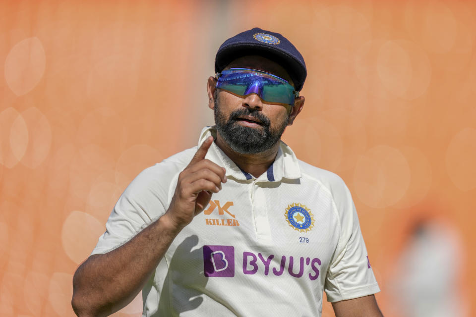 India's Mohammed Shami reacts to a spectator's comment during the second day of the fourth cricket test match between India and Australia in Ahmedabad, India, Friday, March 10, 2023. (AP Photo/Ajit Solanki)