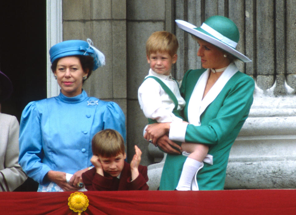 Left to right, Margaret, Prince William, Prince William and Princess Diana during the annual Trooping the Colour ceremony in London.