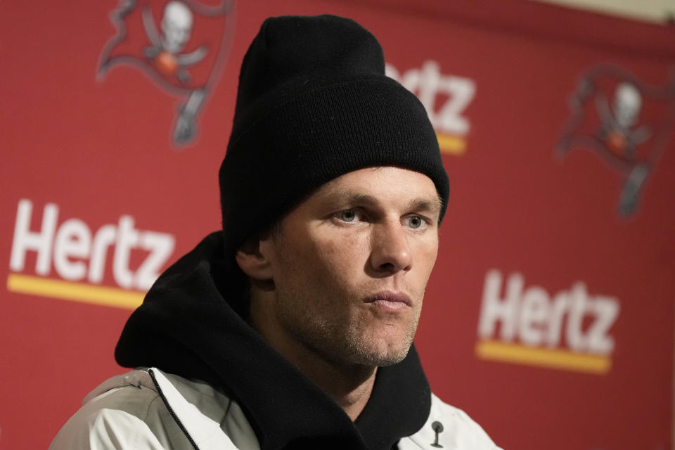 Tampa Bay Buccaneers quarterback Tom Brady speaks at a news conference after an NFL football game against the San Francisco 49ers in Santa Clara, Calif., Sunday, Dec. 11, 2022. (AP Photo/Tony Avelar)