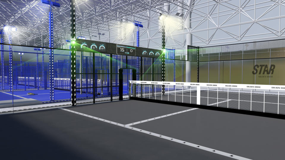 A rendering of an indoor padel court at the Golden Goose-branded Atlante Arena pavillion to bow in Milan.