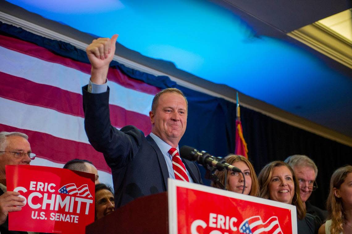 Missouri Attorney General Eric Schmitt acknowledges the crowd of supporters at his election night watch party in St. Louis after winning the GOP primary for U.S. Senate on Tuesday, Aug. 2, 2022