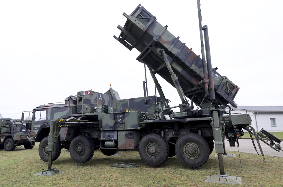 A Patriot system launcher is unveiled at a press event hosted by Air Defense Missile Group 24 ahead of the transfer of the first two of three committed Patriot air defense missile squadrons from Germany to Poland in Gnoien, Germany, Monday, Jan. 23, 2023. (Bernd Wuestneck/dpa via AP)