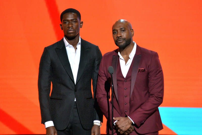 Damson Idris (L) and Morris Chestnut speak onstage during the 19th annual BET Awards at the Microsoft Theater in Los Angeles in 2019. File Photo by Jim Ruymen/UPI