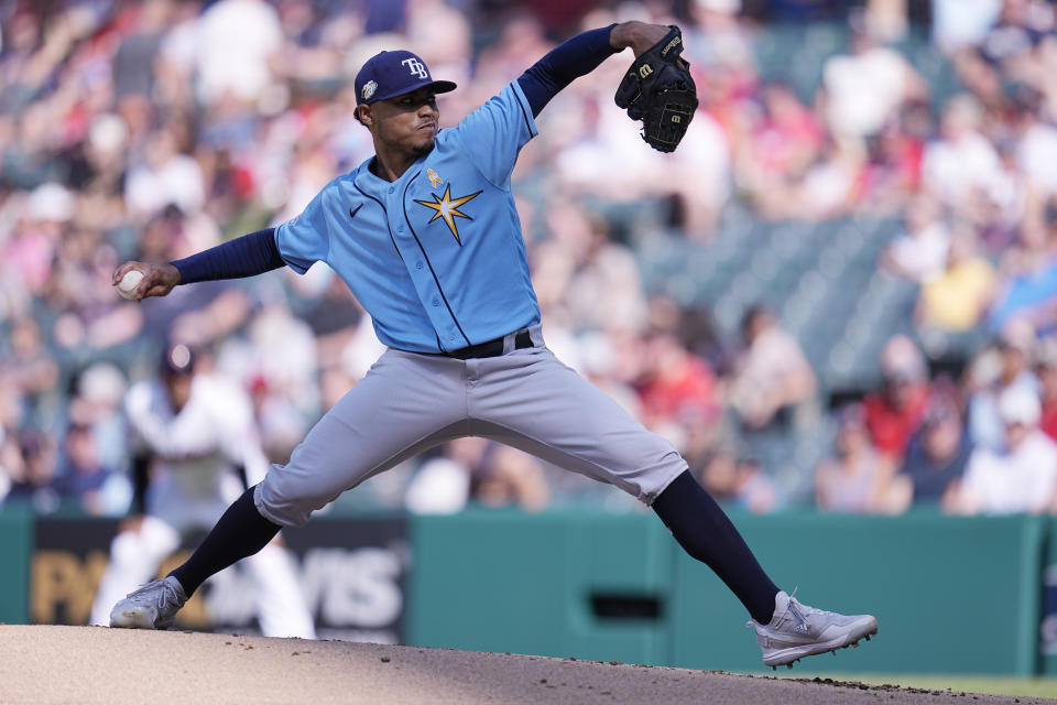 Tampa Bay Rays pitcher Taj Bradley pitches in the first inning of a baseball game against the Cleveland Guardians, Sunday, Sept. 3, 2023, in Cleveland. (AP Photo/Sue Ogrocki)