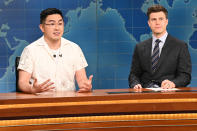 <p>During a Weekend Update segment, <a href="https://people.com/tv/snl-bowen-yang-says-fuel-up-do-more-to-combat-anti-asian-hate-crimes/" rel="nofollow noopener" target="_blank" data-ylk="slk:Yang brought attention to the anti-Asian hate crimes;elm:context_link;itc:0;sec:content-canvas" class="link ">Yang brought attention to the anti-Asian hate crimes</a> that have been occurring throughout the U.S., specifically spotlighting a 75-year-old Asian American woman named <a href="https://people.com/crime/xiao-zhen-xie-fought-back-alleged-attacker-donate-1-million-raised-combat-anti-asian-racism/" rel="nofollow noopener" target="_blank" data-ylk="slk:Xiao Zhen Xie;elm:context_link;itc:0;sec:content-canvas" class="link ">Xiao Zhen Xie</a>, who used a wooden board to fight back after she was punched by a white man in San Francisco on March 17. </p> <p>He ended his powerful monologue with some humor, rallying the crowd by saying, "So everyone get in, buckle up, it's no pee breaks. We ride at dawn, grandmas!"</p> <p>A month earlier, <a href="https://www.instagram.com/p/CLe5v6TpF6t/?utm_source=ig_embed&ig_rid=f61809f3-a8de-4e03-82f3-42df041ed94a" rel="nofollow noopener" target="_blank" data-ylk="slk:he announced that he was matching $10,000 donations;elm:context_link;itc:0;sec:content-canvas" class="link ">he announced that he was matching $10,000 donations</a> to the<a href="https://www.apalanet.org/" rel="nofollow noopener" target="_blank" data-ylk="slk:Asian Pacific American Labor Alliance;elm:context_link;itc:0;sec:content-canvas" class="link "> Asian Pacific American Labor Alliance</a> as "we advocate for the civil and human rights of AAPIs, immigrants, and all people of color."</p>