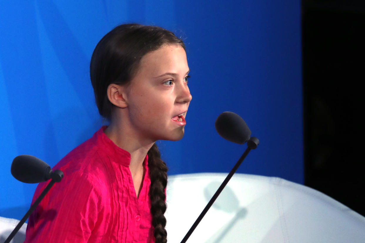 NEW YORK, NEW YORK - SEPTEMBER 23: Greta Thunberg speaks at the United Nations (U.N.) where world leaders are holding a summit on climate change on September 23, 2019 in New York City. While the U.S. will not be participating, China and about 70 other countries are expected to make announcements concerning climate change. The summit at the U.N. comes after a worldwide Youth Climate Strike on Friday, which saw millions of young people around the world demanding action to address the climate crisis. (Photo by Spencer Platt/Getty Images)