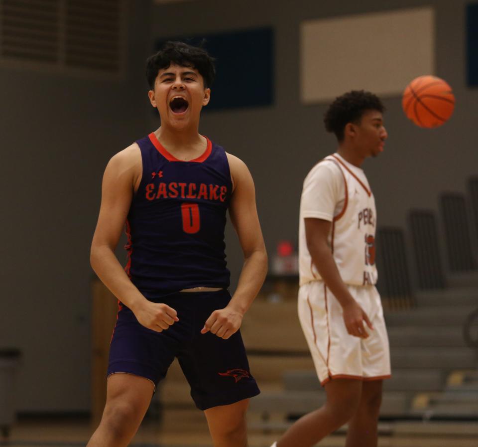 Eastlake's Mateo Lares celebrates winning the game after he made key plays late in the game helping his team defeat Pebble Hills High School on Jan. 2, 2023. Eastlake won the match 44-41.