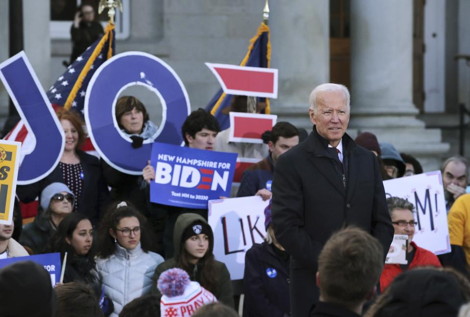 Democratic presidential candidate former Vice President Joe Biden speaks to supporters outside the New Hampshire State House after he filed to have his name listed on the New Hampshire primary ballot, Friday, Nov. 8, 2019, in Concord, N.H. (AP Photo/Charles Krupa)