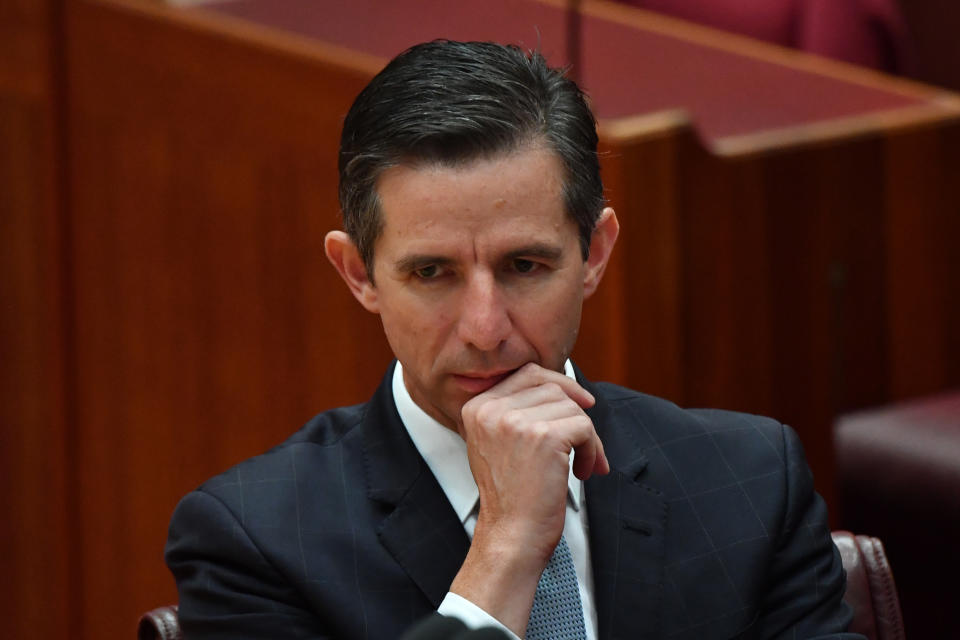 CANBERRA, AUSTRALIA - MARCH 18:  Senator Simon Birmingham during debate to Fair Work Amendment Bill 2021 in the Senate at Parliament House on March 18, 2021 in Canberra, Australia. Senator Griff has issued a statement confirming that Centre Alliance only supports changes to casuals provisions and wage theft and will not support the rest of the Industrial Relations omnibus bill. (Photo by Sam Mooy/Getty Images)