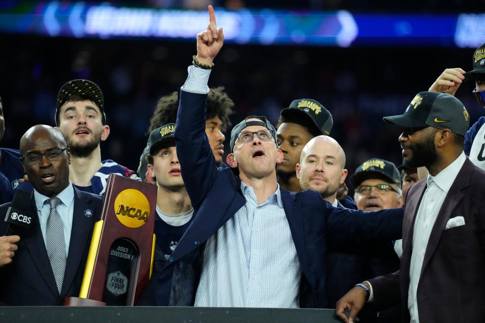 Apr 3, 2023; Houston, TX, USA; Connecticut Huskies head coach Dan Hurley celebrates after the national championship game of the 2023 NCAA Tournament against the San Diego State Aztecs at NRG Stadium. Mandatory Credit: Robert Deutsch-USA TODAY Sports