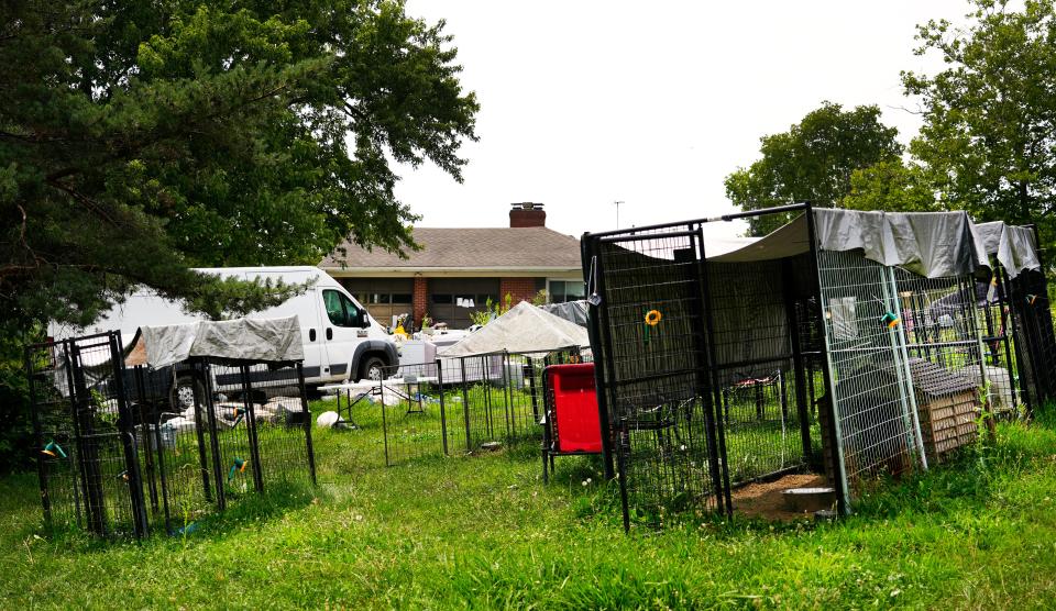 Dogs cages are spread out in the front lawn of Ronda Murphy’s home in Madison Township. Murphy was arraigned in Middletown Municipal Court, Wednesday, August 2, 2023. She is charged with numerous charges relating to cruelty to dogs she had at her home. She had over 100. At least 30 were dead when authorities came in and the others were malnourished and sick. The dogs are under the care of the Animal Friends Humane Society in Hamilton. Bond was set at $25,000. 