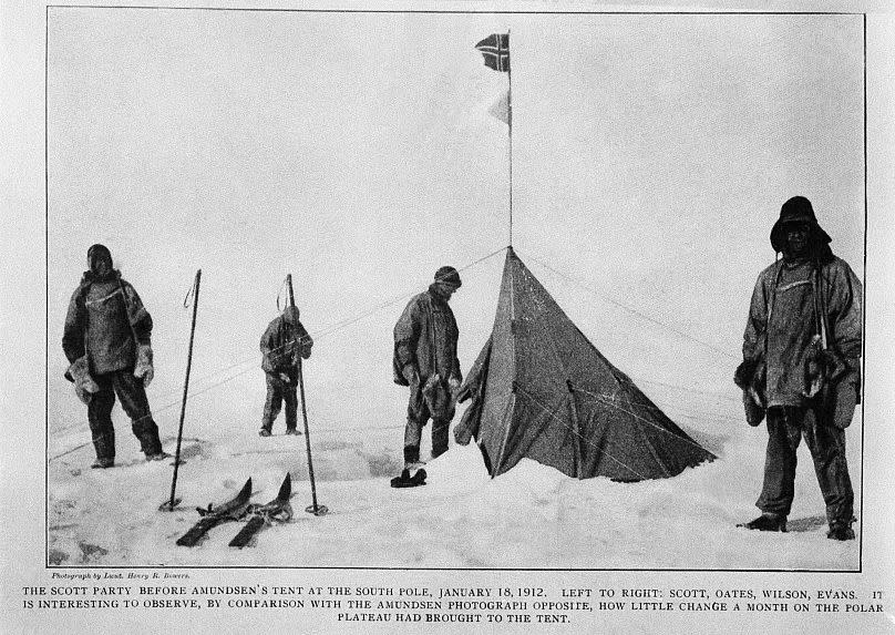 The Scott Party before Roald Amundsen's tent at the South Pole, Jan. 18, 1912. Left to righ: Robert Falcon Scott, Captain Lawrence Oates, Edward Adrian Wilson, and Edgar Evans