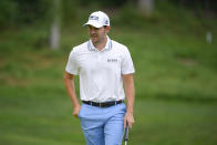 Patrick Cantlay reacts while approaching the eight green during the final round of the BMW Championship golf tournament, Sunday, Aug. 29, 2021, at Caves Valley Golf Club in Owings Mills, Md. (AP Photo/Nick Wass)