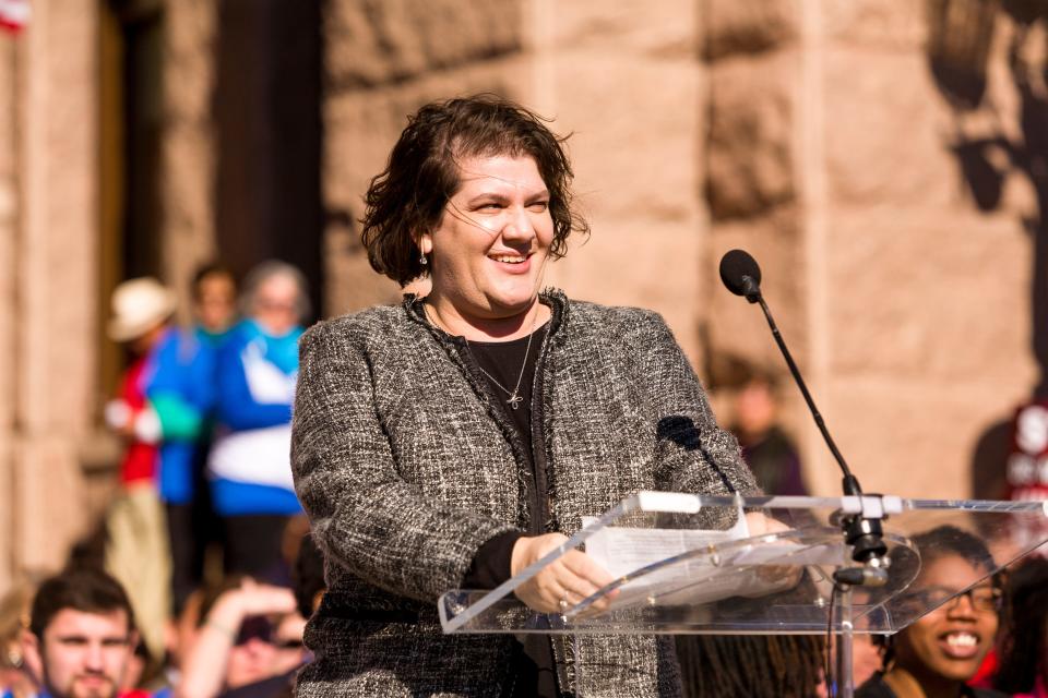 Jennifer Carr Allmon, executive director of the Texas Catholic Conference of Bishops, addresses participants at a Rally for Life in January 2017. She says for 16 years at the organization she has worked for greater abortion restrictions. "We always said my generation will end abortion, but now that's becoming true," Allmon said.