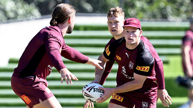 Seen here, Harry Grant runs with the footy during QLD State of Origin training. 