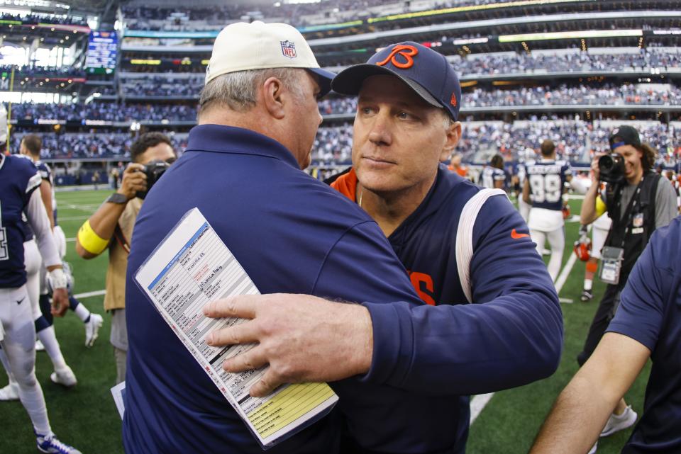 Dallas Cowboys head coach Mike McCarthy and Chicago Bears head coach Matt Eberflus talk after during the second half of an NFL football game Sunday, Oct. 30, 2022, in Arlington, Texas. The Cowboys won 49-29. (AP Photo/Ron Jenkins)