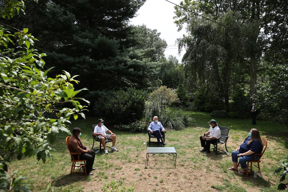 Democratic presidential nominee Joe Biden meets with veterans and union leaders in the backyard of a supporter on Labor Day September 07, 2020 in Lancaster, Pennsylvania.