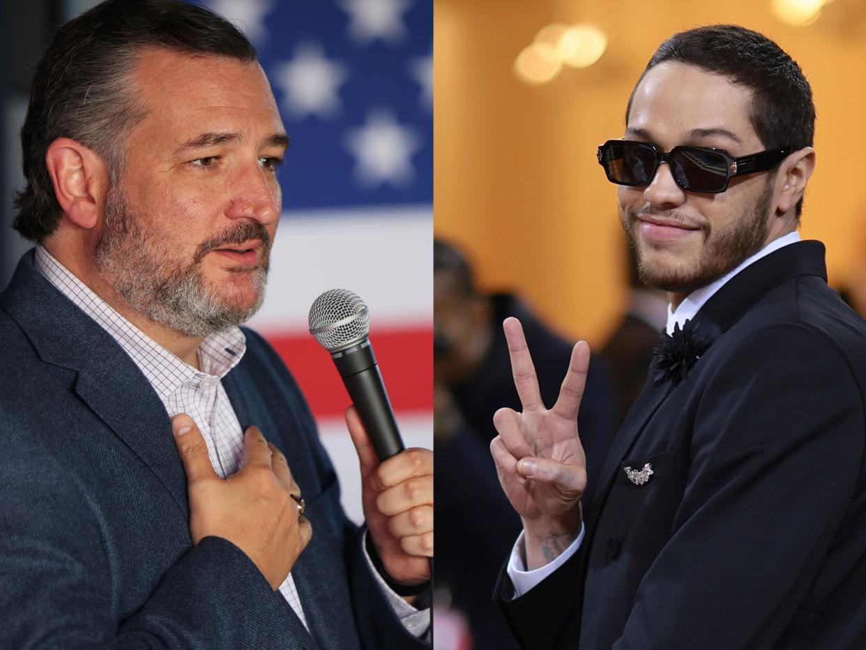 At left, Ted Cruz speaking into a microphone with a US flag behind him. At right, Pete Davidson wearing sunglasses and giving the camera a peace sign.