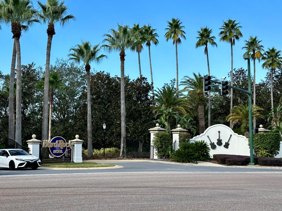 palm trees lining the entrance to the hard rock hotel in universal orlando