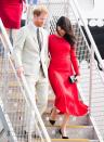 <p>Meghan Markle forgot to remove a tag from her dress before she and Prince Harry arrived at Nuku'alofa Airport in Tonga. </p>