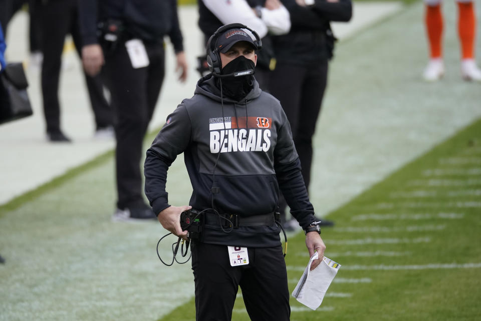 Cincinnati Bengals head coach Zac Taylor on the sidelines during the second half of an NFL football game against the Washington Football Team, Sunday, Nov. 22, 2020, in Landover. (AP Photo/Al Drago)