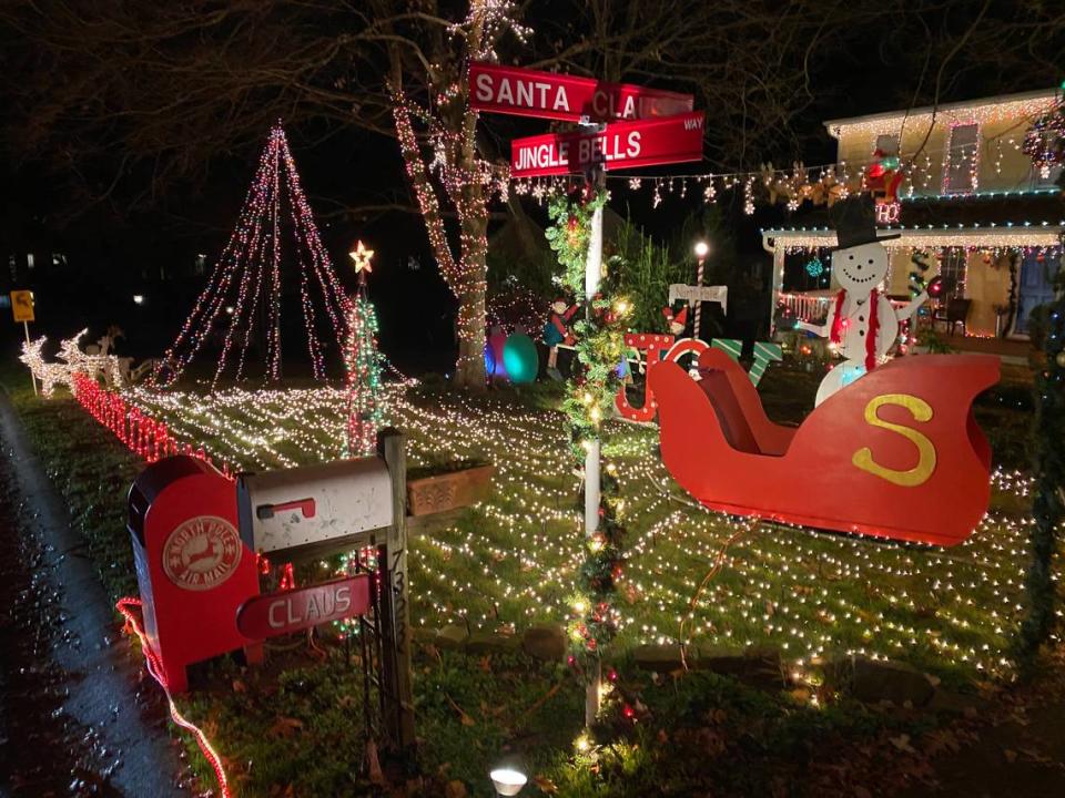 A house is decorated for the holidays on Sherwood Forest Drive in Old Providence in Charlotte in December 2020.