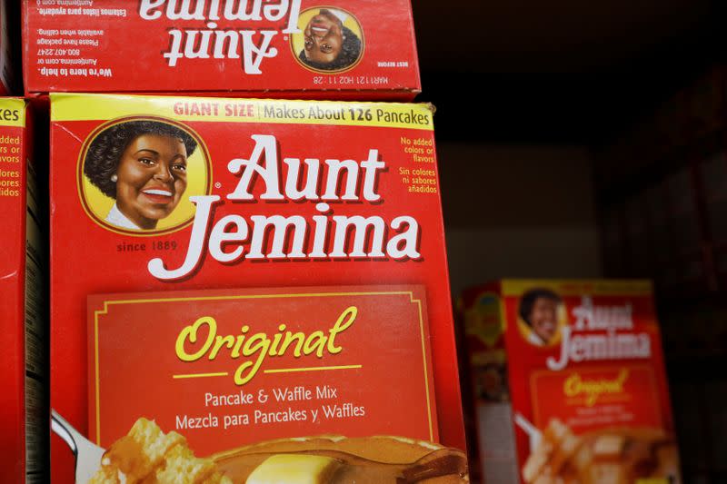 Boxes of Aunt Jemima branded pancake mix stand on a store shelf inside of a shop in the Brooklyn borough of New York City