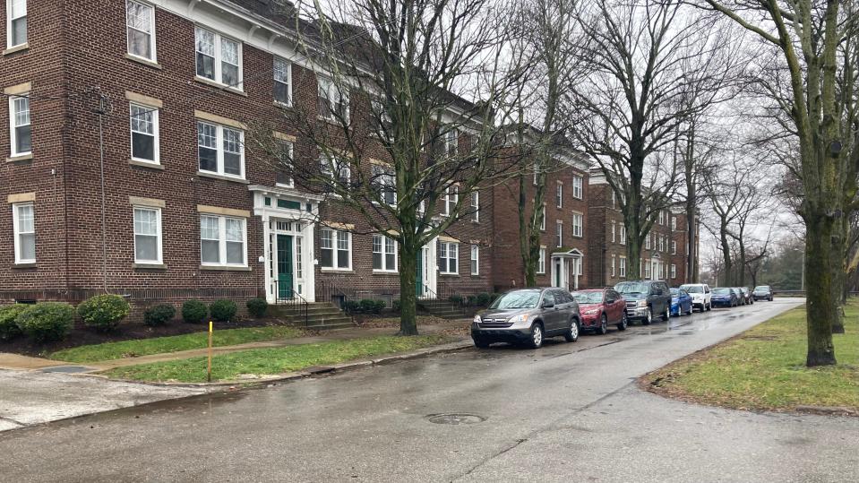 Erie's Landmark Square Apartments, on West 10th Street at Weschler Avenue, are shown on Jan. 20. Signs at the western end of the Bayfront Parkway advertise apartments for lease in the buildings.