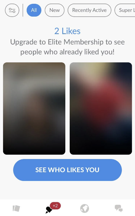 A dating app screen shows two blurred profile images with the text "2 Likes" and an option to upgrade to Elite Membership to see who liked you