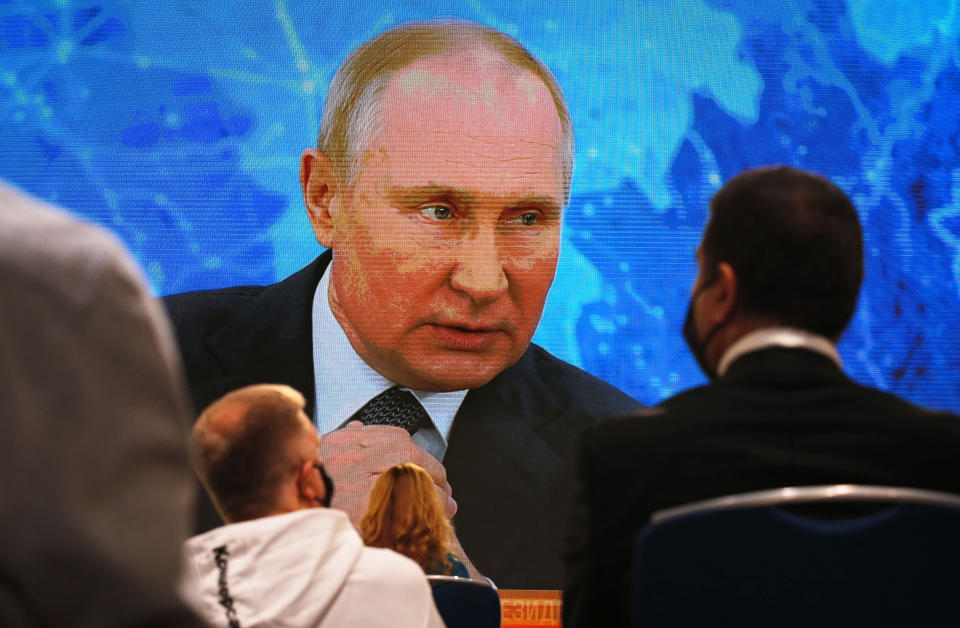 Russian President Vladimir Putin speaks via video call during a news conference in Moscow, Russia, Thursday, Dec. 17, 2020. This year, Putin attended his annual news conference online due to the coronavirus pandemic. (AP Photo/Alexander Zemlianichenko)