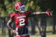 Oklahoma wide receiver CeeDee Lamb is pictured during an NCAA college football practice in Norman, Okla., Monday, Aug. 5, 2019. (AP Photo/Sue Ogrocki)