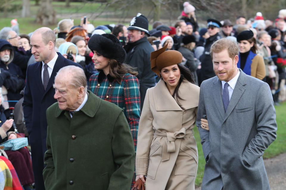(L-R) Prince William, Duke of Cambridge; Prince Philip, Duke of Edinburgh; Catherine, Duchess of Cambridge; Meghan Markle and Prince Harry attend Christmas Day Church service at Church of St Mary Magdalene on December 25, 2017 in King's Lynn, England. / Credit: Chris Jackson/Getty