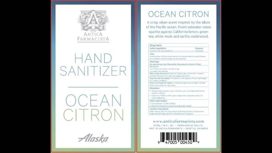 The label for Antica Farmacista hand sanitizer seems to indicate it’s made for Alaska Airlines.