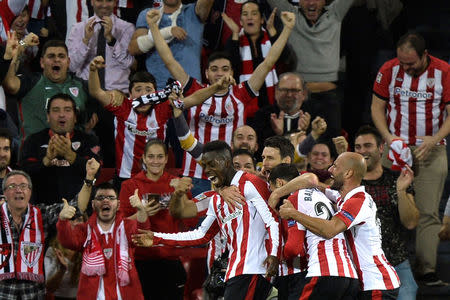 Soccer Football - Europa League - Athletic Bilbao vs Hertha BSC Berlin - San Mames, Bilbao, Spain - November 23, 2017 Athletic Bilbao's Inaki Williams celebrates scoring their third goal with teammates REUTERS/Vincent West