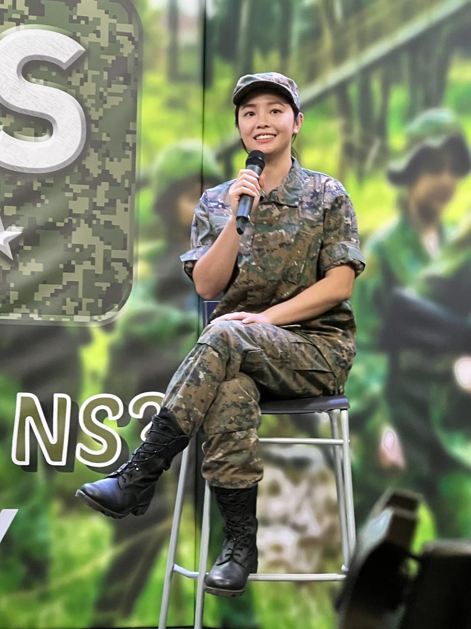 Actress Apple Chan, who will star as Lieutenant Zhang Xinyi in Jack Neo's film Ah Girls Go Army, at a press conference for the film on 29 Sept 2021. (Photo: mm2 Entertainment)