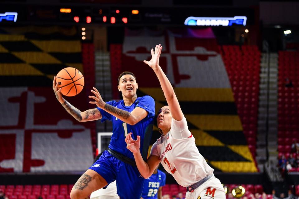 FGCU's Kierstan Bell drives as FGCU played Maryland in the second round of the NCAA Tournament on Sunday, March 20.