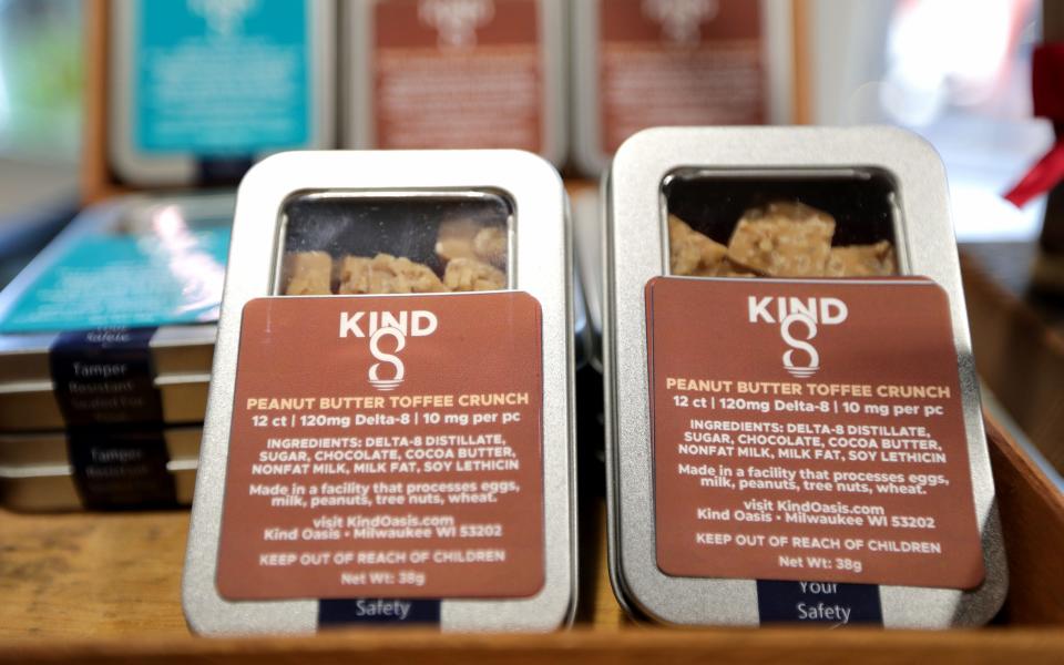 Peanut butter toffee crunch with Delta-8 for sale at Kind Oasis CBD on North Farwell Avenue in Milwaukee  on Thursday, Dec. 16, 2021. Kind Oasis sells Delta-8 products, a hemp-derived product that is sold around Wisconsin that produces a similar “high” that cannabis produces while still being legal.