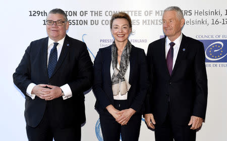 Finland's Minister of Foreign Affairs Timo Soini, Deputy Prime Minister and Minister of Foreign and European Affairs of the Republic of Croatia Marija Pejcinovic Buric and Secretary General of the Council of Europe Thorbjorn Jagland attend The Ministers for Foreign Affairs of the Council of Europe's annual meeting in Helsinki, Finland May 17, 2019. Lehtikuva/Vesa Moilanen via REUTERS