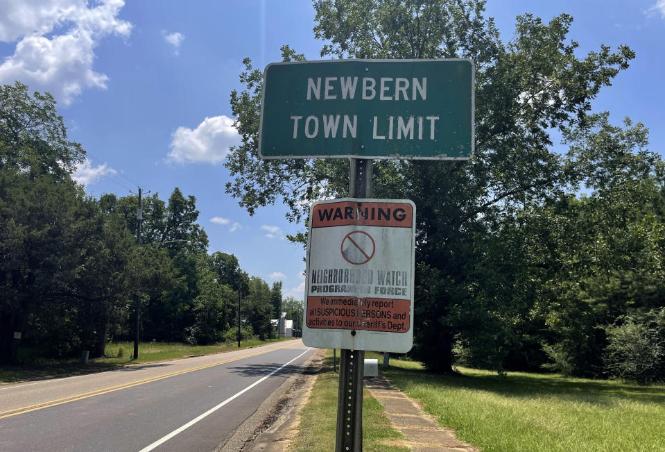 A sign for the town of Newbern, Ala., is pictured on July 27, 2023. The first Black mayor of the small Alabama town, who said white officials locked him out of town hall, will return to the role under the terms of a proposed settlement agreement. (AP Photo/Kim Chandler)