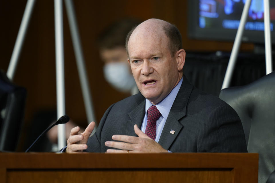 Sen. Chris Coons, D-Del., talks during the confirmation hearing for Supreme Court nominee Amy Coney Barrett before the Senate Judiciary Committee, Wednesday, Oct. 14, 2020, on Capitol Hill in Washington. (AP Photo/Patrick Semansky, Pool)