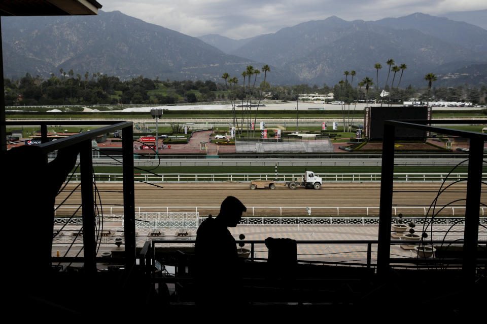 A general view of Santa Anita Park is shown Tuesday, March 5, 2019, in Arcadia, Calif. A filly that suffered a catastrophic injury during training Tuesday and was euthanized was the 21st horse to die this winter at a storied Southern California racetrack that will host the Breeders' Cup world championships for a record 10th time this fall. (AP Photo/Jae C. Hong)