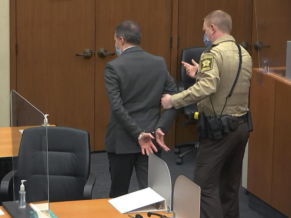 Former Minneapolis police officer Derek Chauvin is taken into custody after he was found guilty on all three counts in his trial for the 2020 death of George Floyd, April 20, 2021, at the Hennepin County Courthouse in Minneapolis. / Credit: Court TV via AP, Pool