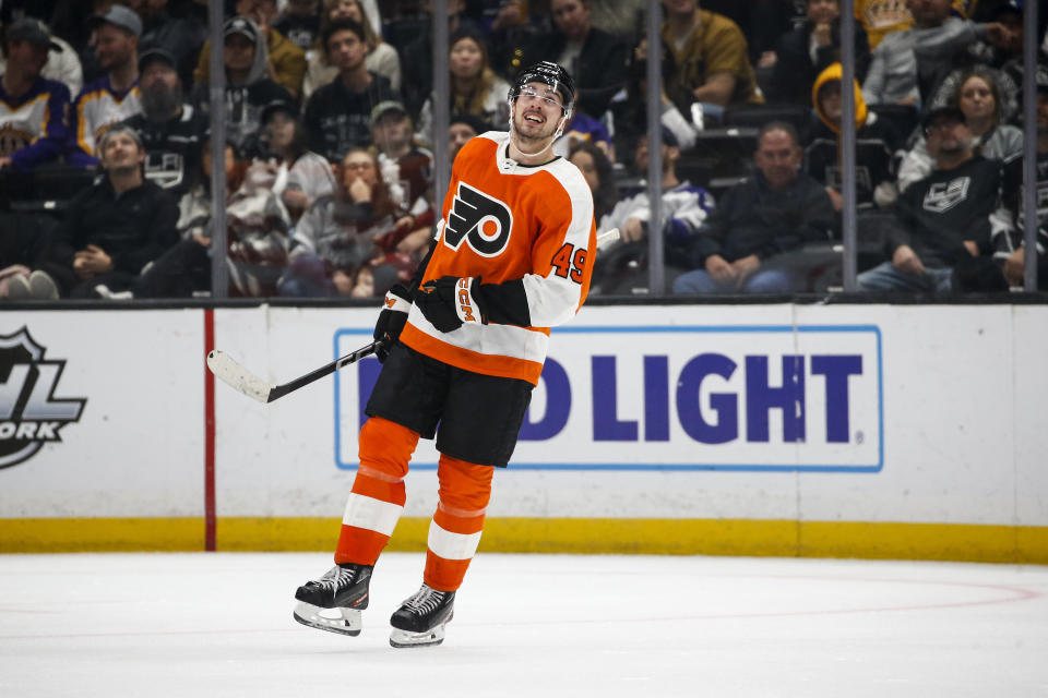 Philadelphia Flyers forward Noah Cates celebrates his goal against the Los Angeles Kings during the third period of an NHL hockey game Saturday, Dec. 31, 2022, in Los Angeles. The Philadelphia Flyers won 4-2. (AP Photo/Ringo H.W. Chiu)