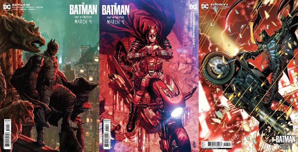 Three variant covers for DC Comics issues with art inspired by The Batman starring Robert Pattinson