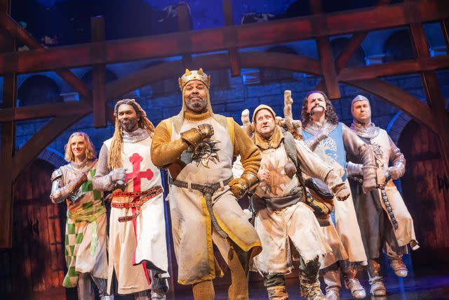 <p>Matthew Murphy and Evan Zimmerman</p> Michael Urie (far left) and the cast of Broadway's 'Spamalot'