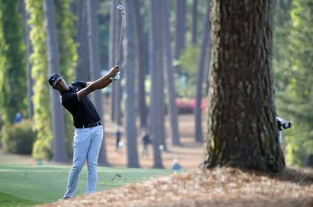 Tony Finau of the U.S. hits on the 17th fairway during first round play of the 2018 Masters golf tournament at the Augusta National Golf Club in Augusta, Georgia, U.S., April 5, 2018. REUTERS/Brian Snyder