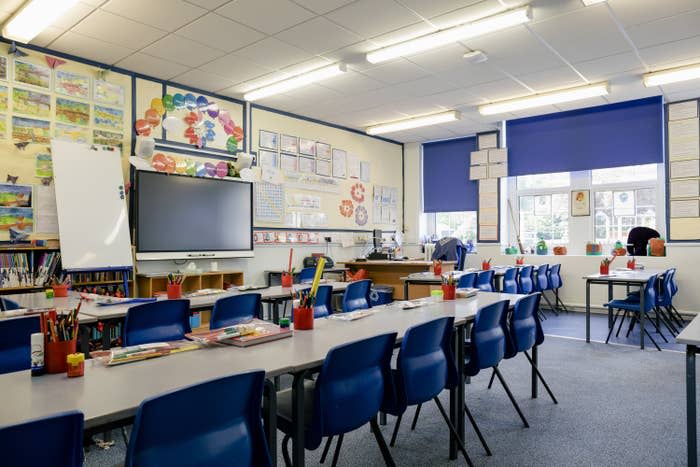 a classroom with desks facing the front