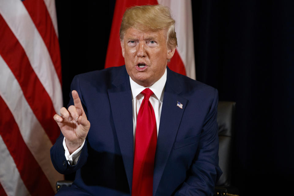 President Donald Trump speaks during a meeting with Polish President Andrzej Duda at the InterContinental Barclay hotel during the United Nations General Assembly, Monday, Sept. 23, 2019, in New York. (AP Photo/Evan Vucci)